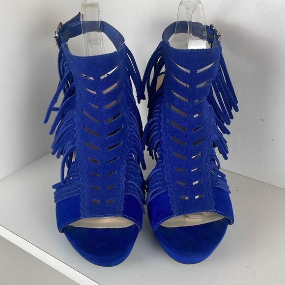 Cobalt Blue Suede Fringe Slingback Platform Sandals 7 - Picture 3 of 13